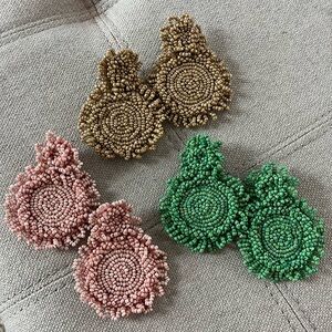 Beaded Statement Earrings - 3 Pairs (Tan, Green, Pink)